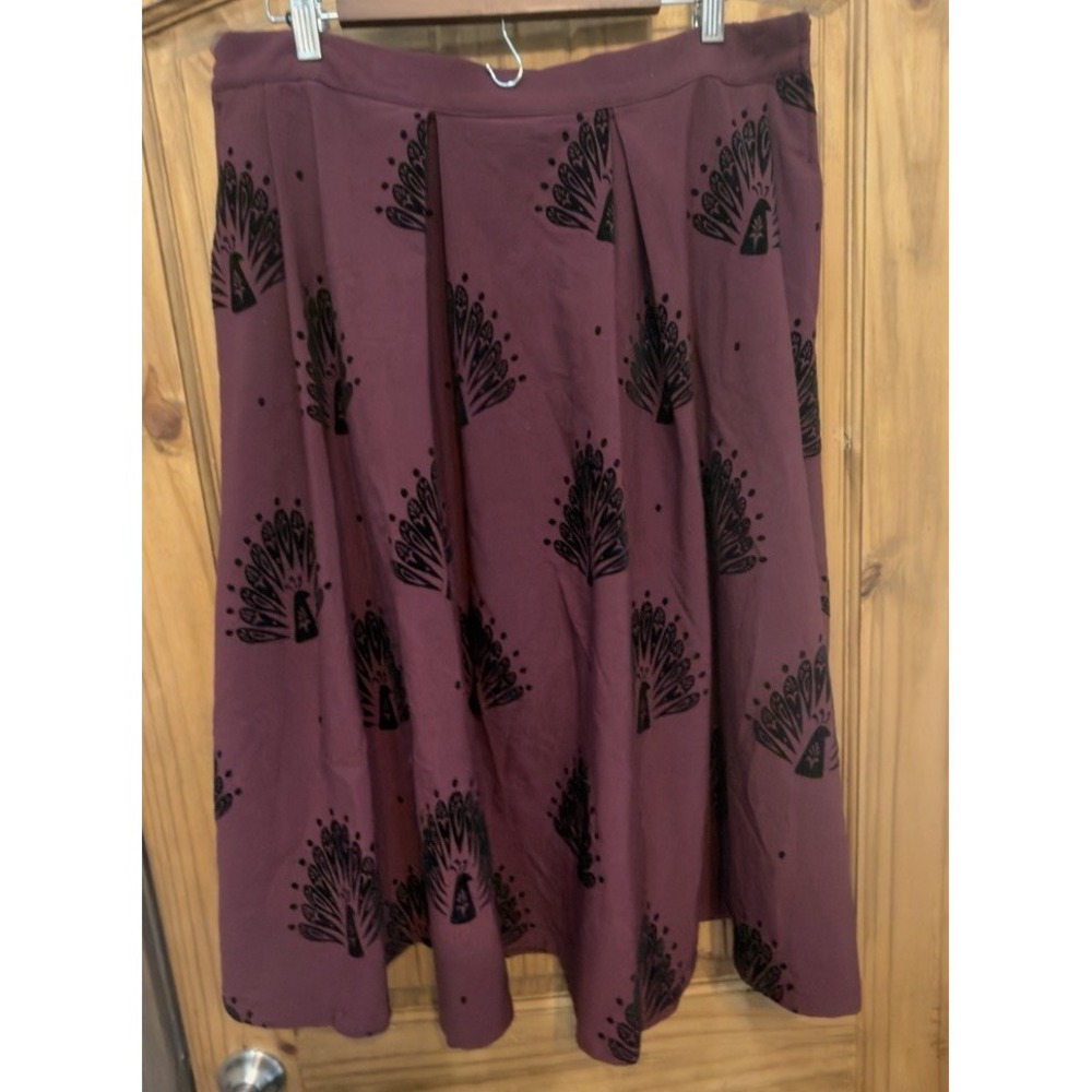 ModCloth Womens XL Burgundy Black Peacock Print Pleated Midi Skirt Retro Boho